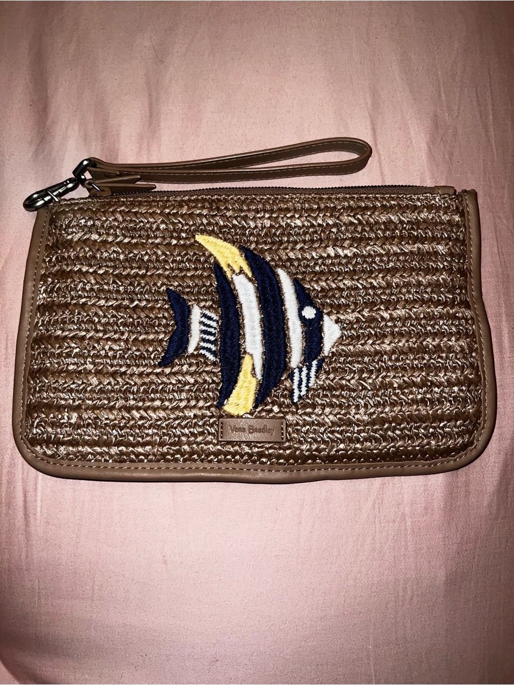 Vera Bradley Brown Woven Wristlet with Navy White and Yellow Fish Embroidery